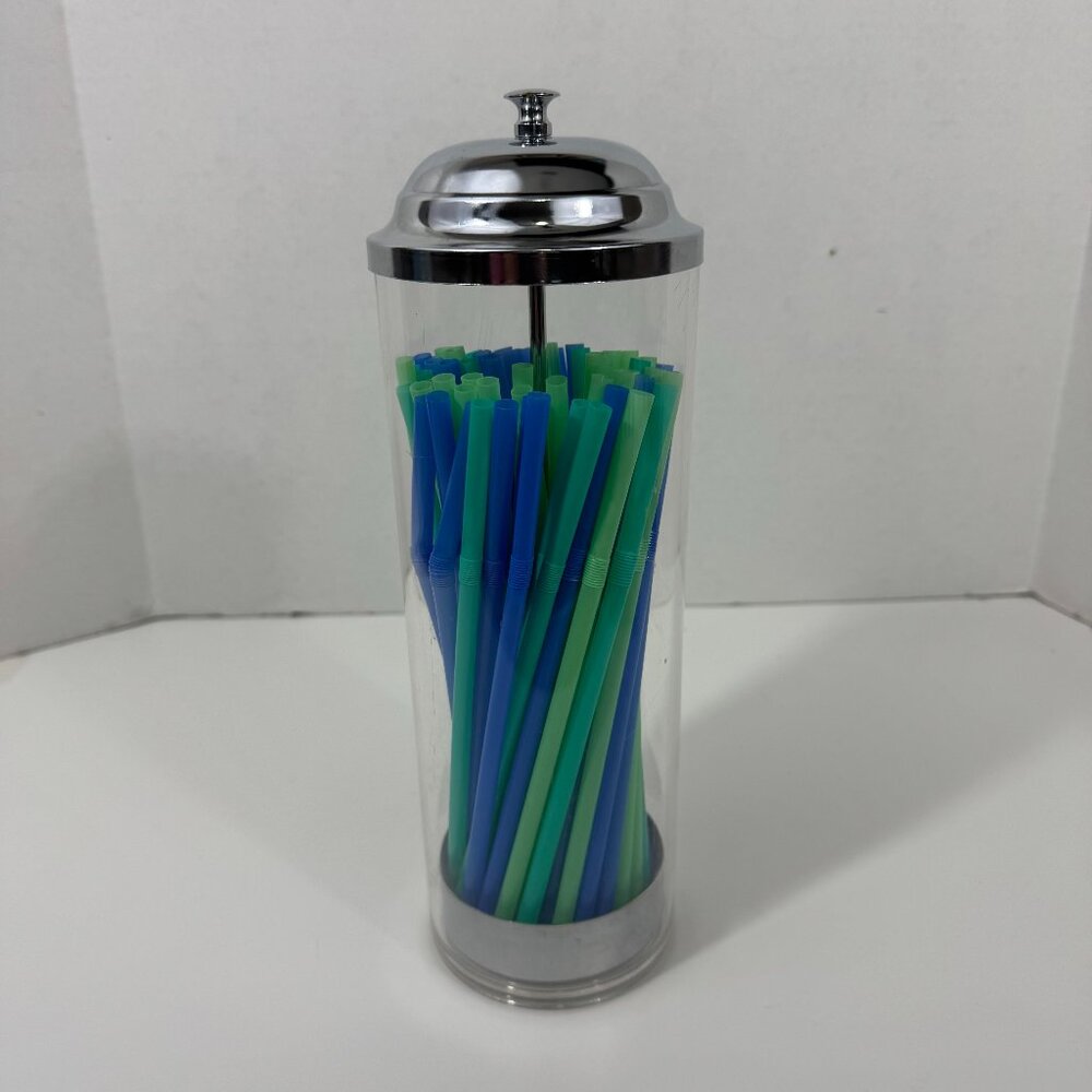 Retro Straw Dispenser Clear Plastic Chrome Lid 65 Blue Green Flexible Straws